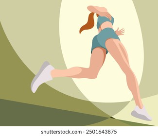 vector poster slim girl in sportswear (shorts and sports bra) runs. running view from below. angle from below. view from below. isolated on abstract background. woman runs. morning jog. jogging.