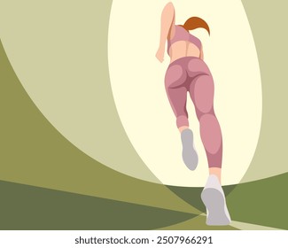 vector poster slim girl in sportswear (shorts and sports bra) runs. running view from below. angle from below. view from below. isolated on abstract background. woman runs. morning jog. jogging.