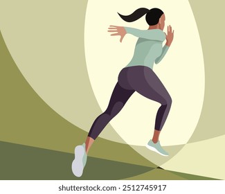 vector poster slim girl in sportswear (shorts and sports bra) runs. running view from below. angle from below. view from below. isolated on abstract background. woman runs. morning jog. jogging.