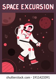 Vector poster of Space Excursion concept. Man in spacesuit drinks soda and flies in zero gravity in outer space. Future travel and planetary tourism. Character illustration of advertising banner