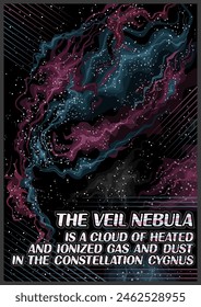 Vector Poster for Space Veil Nebula, vertical banner with illustration of heated and ionized diffuse material on black starry space background, decorative a4 cosmo booklet with text the veil nebula