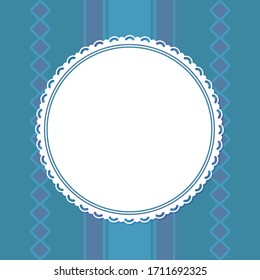 Vector poster with spare place for text template, advertising layout. Mockup of greeting card with round frame isolated on blue stripes and rhombus backdrop