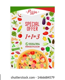 Vector poster with special offer - free pizza, italian cuisine menu template. Pizzeria, restaurant, cafe banner or frlyer.