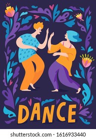 Vector poster for spontaneous dance party with men and woman dancing figers. Ecstatic dance poster with cool pattern. 