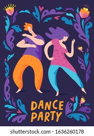 Vector poster for spontaneous modern style  dance party with man and woman dancing figers. Ecstatic dance poster with cool pattern. 