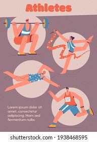 Vector poster of Sports concept. Sportsmen running, do weightlifting. Sportswomen swimming, do rhythmic gymnastics. Professional sport, active hobby. Character illustration of advertising banner
