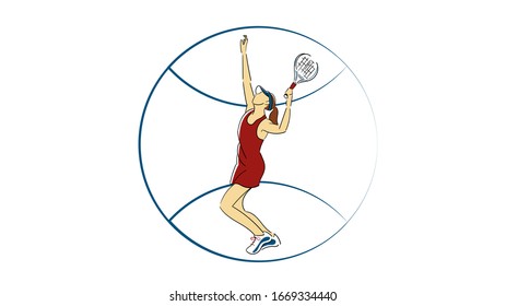 Vector poster with a sportswoman. A tennis player in a circle shape. Graphic colorful illustration