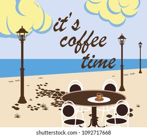 Vector poster with   spring evening in the park   . Typography card, image with lettering.  It's coffee time.