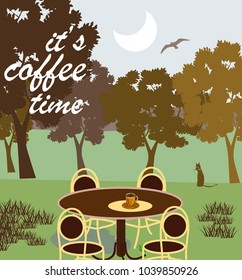 Vector poster with   spring landscape evening   . Typography card, image with lettering.  It's coffee time.