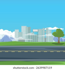 Vector poster of a square illustration. Asphalt road cut through green grass on the side. Tall buildings and city background. Tall mountains and blue sky with white clouds.