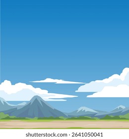 Vector poster of a square illustration. Dirt road cutting through green grass on the side. Empty background with wide high mountains and blue sky with white clouds.