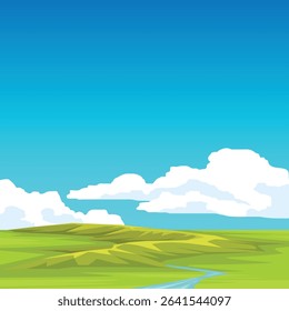 Vector poster of a square illustration. Mountain range stands tall in the middle of a green meadow. A river flows down from the mountain. Background of blue sky with white clouds.