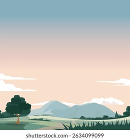 Vector poster of square picture. Long dirt road that curves up a hill. Passing through a vibrant green landscape with trees. Mountains under a evening sky with fluffy white clouds.
