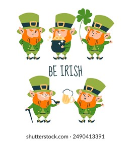 Afiche del Vector por el Día de San Patricio. Un juego de duendes con diferentes expresiones faciales agarrando un trébol, una taza de cerveza, una olla de dinero y una pipa humeante. Diseño plano de dibujos animados para vacaciones irlandesas.