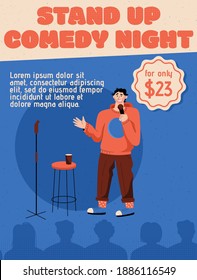 Vector poster of Stand Up Comedy Night concept. Comedian with microphone performing, telling jokes to audience. Invitation design for live comic show. Character illustration of advertising banner