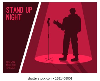 Vector Poster Of Stand Up Night Concept. Silhouette Of Comedian With Microphone On Stage. Invitation Design For Live Comic Performing Show At Club. Character Illustration Of Advertising Banner