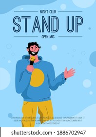 Vector poster of Stand Up Open Mic at Night Club concept. Comedian with microphone tells jokes at stage. Invitation design for live comic performing show. Character illustration of advertising banner