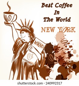 Vector poster with statue of Liberty imitation of drawing by coffee spots in sketch style