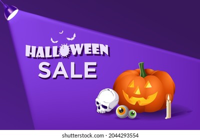 Vector poster for a store or website for Halloween. Worldwide epidemic of coronavirus. The concept of promotions, discounts and sales. Skull, pumpkin Jack-o-lantern on the background of the spotlight