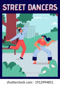 Vector poster of Street Dancers concept. Men and women dancing together in different styles at city park. Urban cultural events, lifestyle, active leisure. Character illustration of advertising banner