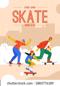 Vector poster of Street Sport Skate Urban Style concept. People riding skateboard. Guy, teenagers boy and girl skateboarding. Transport for modern citizen. Character illustration of advertising banner