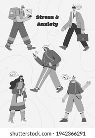 Vector Poster Of Stress And Anxiety Concept. People Experience Negative Emotions, Overworked. Men And Women Have Mental Problems, Screams, Expresses Anger. Character Illustration Of Advertising Banner