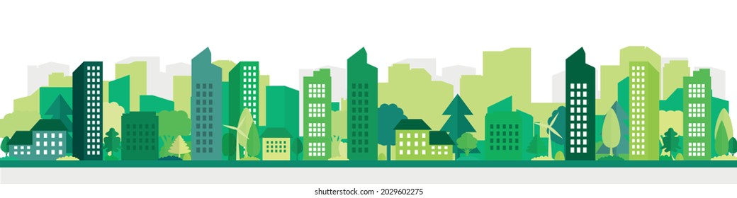 Vector poster with suburban houses and skyscrapers.Modern city in green with houses and trees.Eco city.