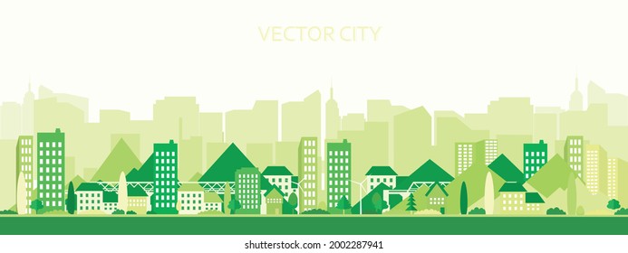 Vector poster with suburban houses and skyscrapers.Urban landscape with mountains in green colors. City view.