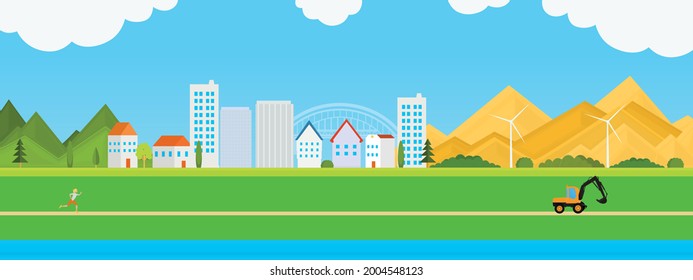 Vector poster with suburban landscape. View of the mountains and houses