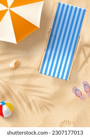 Vector poster of summer beach. Flyer with beach chair on sand with seashells, flip flops, beach umbrella and ball. Vector 3d ad illustration for promotion of summer goods.