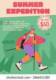 Vector poster of Summer Expedition concept. Smiling tourist with sticks and backpack hiking in nature landscape. Summer adventure, camping leisure. Vector character illustration of advertising banner