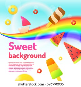 Vector poster for summer holidays. For travel and leisure in the decorative style of the cartoon. Background for a children store and creativity.