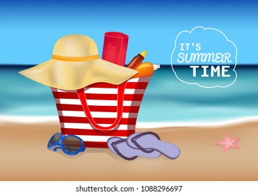 Vector poster it's summer time with sea and Beach elements.