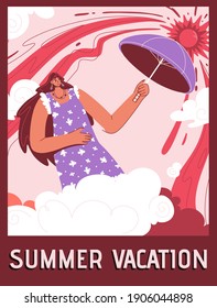 Vector poster of Summer Vacation concept. Smiling woman under an umbrella escapes the hot sun. Resting at summertime holidays, vacation on seashore resort. Character illustration of banner design