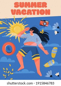 Vector poster of Summer Vacation concept. Smiling girl in sunglasses and beach outfit, sun shines brightly at sea resort. Photo camera, slippers and hat around her. Illustration of advertising banner