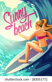 Vector poster sunny beach surfing girl