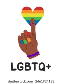 Vector poster supporting LGBTQIA community. Flat black hand with colored nails and heart in rainbow colors isolated on white background. Peaceful and equality concept