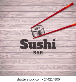 Vector poster with sushi rolls and chopsticks on a wood background