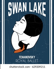 Vector poster "Swan lake" with hand drawn illustration of woman profile with swan. Template for card, banner, print for t-shirt .