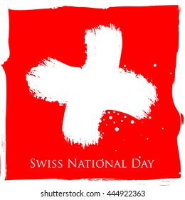 Vector poster of the swiss flag with text National Day on the textured grunge background.