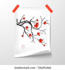 Vector poster taped to the wall with adhesive tape. Inscription October. Maple branch with leaves.