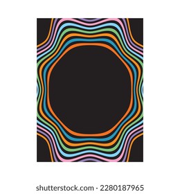 Vector poster template of the 70s disco looks, multi-color waves, black background, empty space in the center for information and design.