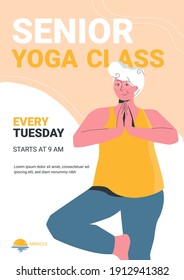 Vector poster template with a cheerful elderly woman doing yoga in local yoga class. Senior wellness issue. Healthcare group activities for elderly people. Modern lifestyles.