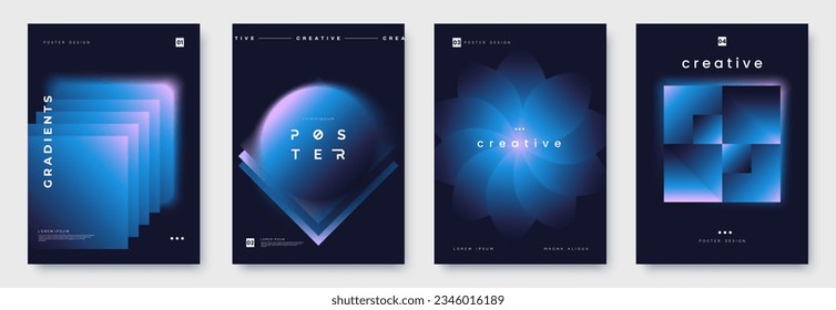 Vector poster template with gradient shapes on dark blue and place for text. Poster set in minimal style. Beautiful geometric gradients. A4 size. Ideal for banner, cover, invitation.