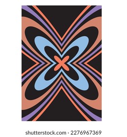 Estilo gráfico de la plantilla de afiches vectoriales de diseño de los años 70, forma como flor o mariposa, curvas coloridas en color negro.