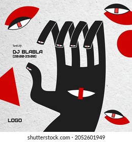 Vector poster template with hand and eyes in geometric abstraction style in red-black colors on paper background