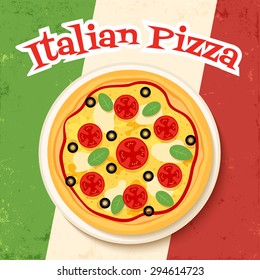 vector poster template with image of tasty  pizza on italian flag background