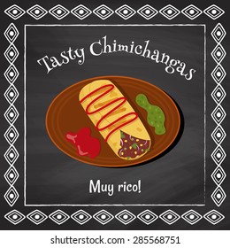 vector poster template on a chalkboard background with chimichanga illustration and spanish text 