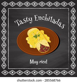 vector poster template on a chalkboard background with enchilada illustration and spanish text "muy rico" which is translated as "very tasty"