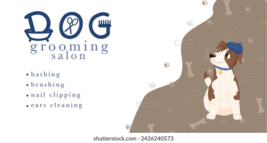 Vector poster template for pet shop, dog grooming salon. Design with dogs and paw print pattern. Hand written logo. Cartoon style for flyer, banner, advertisement, business card, social media.